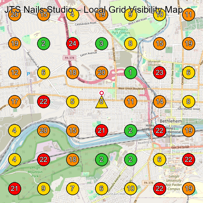 JTS Nails Studio Nail Salon GeoGrid ranking map for Bethlehem PA